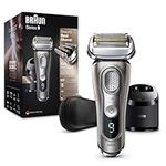 Braun Series 9 Electric Shaver 5 Shaving Elements To Get More Hair In One Stroke, With Clean & Charge Station & Leather Case, Gifts For Him, 2 Pin Bathroom Plug, 9385cc, Graphite Razor