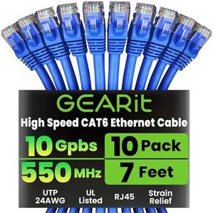 GearIT Cat 6 Ethernet Cable (10-Pack 7 Feet) Cat6 Network Patch, 10Gbps, RJ45, Snagless Cord, Gold-Plated Connectors, Internet for PC, TV, Tablet, Router, Printer, Servers, IT Data Center - Blue