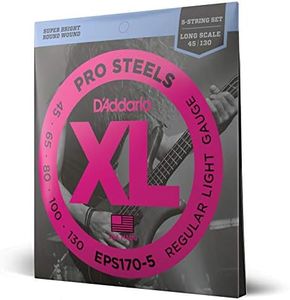 D'Addario Bass Guitar Strings, XL Pro Steels, EPS170-5, Long Scale, Regular Light Gauge 45-130, 5-String Set, Pack of 1