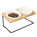 Navaris Bamboo Raised Double Dog Bowl Stand - Feeding Station for Cats and Dogs - Elevated Twin Ceramic Food or Water Bowl Holder with Non Slip Pads