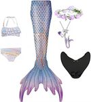 Coserday 6Pcs Swimwear with Monofin Swimsuits Mermaid Tail for Swimming for Girls Bikini Bathing Suit Add Fins(E410,7-8Years)