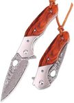 Pocket Knife for Men, VG10 Core Damascus Steel Folding Knife with Red Sandalwood Handle, Ball Bearing, Thumb Hole Flipper, Liner Lock, Leather Sheath for EDC Outdoor Survival Hunting Camping Collectable