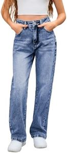 MakeMeChic Girl's Denim Pants High Waisted Straight Leg Jeans with Pockets Medium Wash 14Y