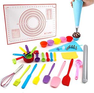 Baking Supplies - Silicone Spatulas Set, Rolling Pin, Pastry Mat, Silicone Baking Cups, Piping Bags and Tips, Measuring Cups and Spoons, Baking Set for Kids Teens Adult Beginner