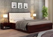 SABTA Craft Wood Queen Size Bed with Storage | Wooden Double Bed Cot Bed with Box Storage & White Upholstered Cushioned Headboard for Bedroom | Sheesham Wood, Walnut Finish