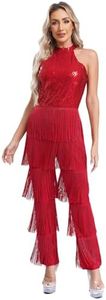 LiiYii Womens Shiny Sequins Fringe Rompers Tassel Jumpsuit Latin Jazz Costume for Ballroom Rumba Tango Salsa Burgundy Medium