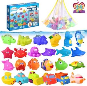 FUN LITTLE TOYS 24 Pcs Bath Toys for Toddlers, Sea Animals & Cars Squirter Bath Toys, No Mold Bathtub Toys with Storage Bag , Baby Bath Toys for Pool, Toddler Bath Toys for Kids Party Favors Age1-3