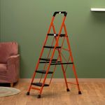BonKaso Premium Steel Multipurpose Climb Easy Anti-Slip 5-Step Foldable Ladder with Safety Clutch Lock, Support Handle and Tool Tray for Home - (Orange & Black)