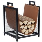 MyGift Modern Black Metal Firewood Stand Log Holder with Brown Leatherette Wood Sling, Wire Mesh Design and Top Carrying Handles, Compact Kindling Storage Rack