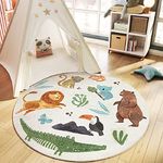 Kids Round Rug, Cartoon Cute Animal Jungle Circle Rugs Soft for Boys and Girls Children Bedroom Playroom Living Room, Round 120x120cm