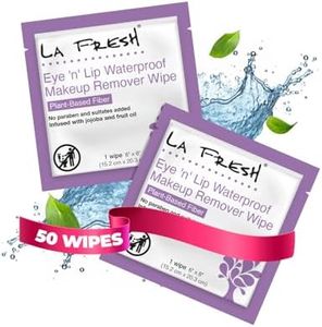 LA Fresh Eye and Lip Waterproof Makeup Remover Wipes Pack of 50 Individually Wrapped Wipes Made With Vitamin E, Olive Oil Convenient Size For Purse, Gym Bag, Car, Anywhere On The Go