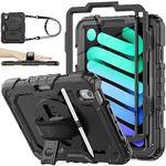 SEYMAC stock Case for iPad Mini 6 8.3 Inch, Shockproof Full Body Protective Case with Screen Protector, Pencil Holder [360 Rotating Stand]& Hand Strap for iPad Mini 6th Generation 2021, Black