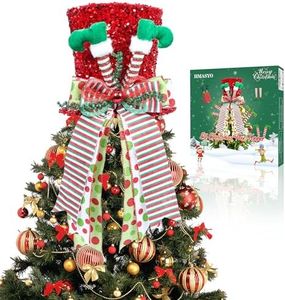 HMASYO Christmas Tree Topper - Elf Legs Tree Topper Hat Large Red Sequins Velvet Bowler Derby Hat with Lengthened Bow Ribbon Christmas Tree Ornaments for Holiday Home Decor Xmas Gift Ideas
