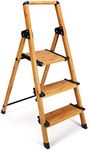 Delxo Portable Collapsible Lightweight Aluminum 3 Step Stool Step Ladder with Long Handrails and Safety Latch Mechanism, Woodgrain Finish