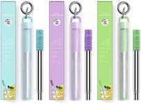 LOIVFET Metal Straws 3 Pack Reusable Collapsible Stainless Steel Straw Portable Telescopic Straws Drinking Easy to Clean with Silicone Tips,Travel Case,Keychain,Cleaner Brush(Green & Blue & Purple)