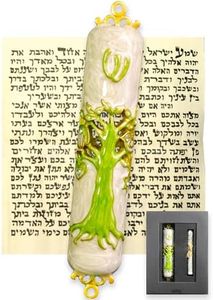 Zivosely Exquisite Enamel Design Mezuzah with Scroll, Easy Install Use Double-Sided Tape, Tree of Life Theme Mezuzah for Door with Crystal Diamond Accent for Any Memorable Jewish Occasions, 3.8”