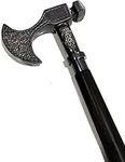 Decorative Defense Antique Axe Viking Walking Stick Cane Black Wood Two Fold Unique Design Handle Best for Costume Men Women