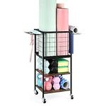 Home Gym Storage Rack Gym Workout Equipment Storage Cart Metal Wood Yoga Mat Storage Rack Holder with Hooks for Dumbbells Yoga Bloack Foam Rollers Resistance Bands