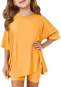 Haloumoning Girls Summer Outfits Casual Lounge Set Kids Oversized Side Split Shirts and Biker Shorts 2 Piece Clothing Sets