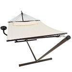 Vita5 Hammock with Stand and Sidetable – 2 Person Garden Hammocks with Cup Holder & Detachable Pillow - Heavy Duty 200kg Capacity, Indoor & Outdoor Hammock: Patio, Pool, Backyard - Beige