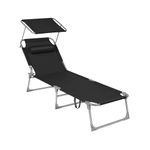 SONGMICS Sun Lounger, Deck Chair Folding, Sunbed, 193 x 53 x 29 cm, Max. Load 150 kg, with Sunshade Headrest Adjustable Backrest, Reclining Sun Chair for Terrace Pool Garden, Black GCB192B01