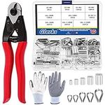 Glarks 117Pcs 8" Heavy Duty Wire Rope Cable Cutter and Aluminum Crimping Loop Sleeves and Wire Rope Thimble Assortment Kit with a Pair of Gloves for Deck Stair Railing Fencing