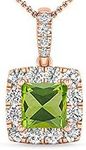 Inspereza Princess cut Peridot and White Diamond Halo Pendant in 14kt Rose gold(5.0 mm Peridot)