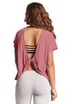 Mippo Womens Open Back Workout Tops Loose Short Sleeve Athletic Gym T Shirts, Dusty Rose, Small