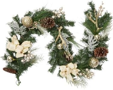 6 Feet Pre-lit Christmas Garland with Lights for Mantle, Lighted Battery Operated Outdoor Xmas Garland with 20 LED Gold Balls Pine Cones Antlers for Fireplace Front Door Stair Railing Decor