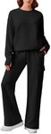 PINSPARK Two Piece Sets Women Fleece Sweatsuits 2024 Fall Oversized Tracksuits Cozy Thumb hole Sweatshirts Wide Leg Sweatpants with Pockets Comfy Lounge Sets Loose Matching Set, Black Small