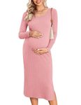 Ekouaer Lady Maternity Long Sleeve Dress Knit Ribbed Side Slit Bodycon Dresses for Baby Shower Pink M