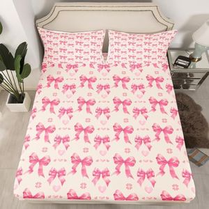 Cute Bowknot Fitted Sheet,Full Size Dreamy Pink Bow Princess Style Collections,Watercolor Love Hearts Graffiti Girly Bedding Deep Pocket for Children Teens Young with 2 Pillowcases