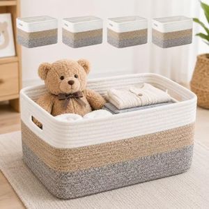 Set of 4,15.8"×13.7"×7.8"Cotton Rope Baskets for Shelves, Woven Storage Baskets for Organizing - Closet, Nursery, Bedroom, Playroom Books, Clothes