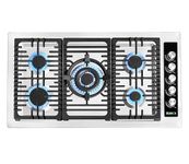 BUMIGA 36" Stainless Steel Gas Cooktop 5 Italy SABAF Sealed Burners counter-Top Cooker, Cast Iron Grate, White LED knobs, 270 degree valve, Pot rack, Built-In Hob, Flame Failure Protection, NG/LPG