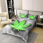 Erosebridal 100% Cotton Cannabis Leaves Duvet Cover King Size, Marijuana Weed Leaf Bedding Set, Marijuana Herb Botanical Comforter Cover for Kid Teens Boys Teens, Grey Grunge Quilt Cover, Green