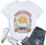 Here Comes The Sun Tshirt Women Retro Style T-Shirt Vintage Graphic Hippie Tees Short Sleeve Summer Vacation Shirts, White, Small