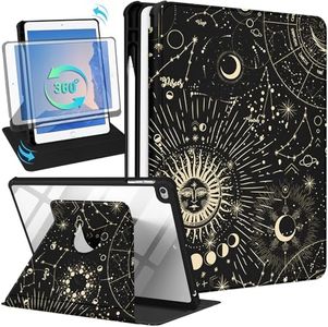 Kidcube for iPad 5th/6th Generation Case, for iPad Air 1st/2nd Gen, for iPad Pro 9.7 Inch Case for Women Girls Cute Folio Cover with Pencil Holder Sun Moon Stars Fashion Rotating Stand Cases 2018/2017