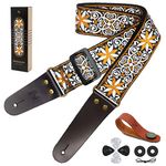 Nefelibata Vintage Guitar Strap (Yellow Embroidery) - Cotton Guitar Straps with Lengthened Genuine Leather Ends for Bass, Electric and Acoustic Guitar | Best Gifts for Kids Men and Women Guitarists