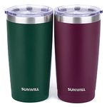 SUNWILL Insulated Coffee Mug Set of 2, Tumbler with Lid 20 oz, Stainless Steel Travel Mug (Forest Green & Plum) Vacuum Double Wall, Thermal Cup with Spill Proof Sliding Lid