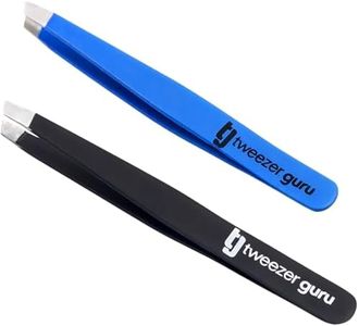 Tweezer Guru Tweezers for Women - 2pc Slant Pointed Precision Tweezers for Eyebrows & Ingrown Hair Removal - Blackhead and Splinter Tweezer with Sharp Needle Nose Point for Plucking (Black +Bold Blue)