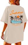 KEEVICI California T Shirt Beach Oversized Graphic Tees for Women Vintage Adventure Shirts Baggy Summer Cotton Vacation Tops, Apricot, Large