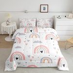 Rainbow Full Bedding Sets For Girls, Kawaii Cloud Comforter Set 3 Pieces With 2 Pillow Cases, Pink Love Heart Down Comforter For Kids Boys Women Adult, Hand Drawn Cartoon Rainbow Duvet Insert