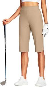 ISEEGZ 15" Capri Pants for Women Summer Golf Capris Pant Pull On Stretch with Pockets Work Casual Dressy Slacks Khaki