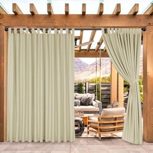 BONZER Outdoor Waterproof Curtains for Patio, Wide Tab Top Sunlight Blocking Outside Curtains for Porch, Pergola, Gazebo, Cabana, 1 Panel, 100x120 Inch, Beige