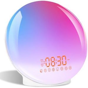 Réveil Lumineux, Eveil Lumière LED Radio Réveil, Lumineux Lampe De Chevet Simulateur d'Aube Et Crépuscule 11 Couleurs 20 Niveaux De Luminosité 2 Réveils Fonction Snooze 8 Sons, Fonction De Charge