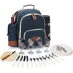 HappyPicnic Insulated Picnic Backpack for 4 with Full Stainless Cutlery Set, Roomy Cooler Compartment, Bottle Holder and Large Waterproof Mat for Gift, Rustic