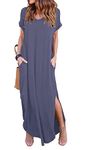 GRECERELLE Women Maxi Long Dress Summer Casual Beach Boho Short Sleeve V Neck Maxi Dresses with Pocket (Purple Grey, XL)