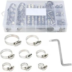 91pcs Hose Clamp Set with Z Wrench, Stainless Steel Adjustable 8-44mm Worm Gear Clips, Perfect for Plumbing, Water Pipe, Automotive, Mechanical Applications, and Workshop Tools