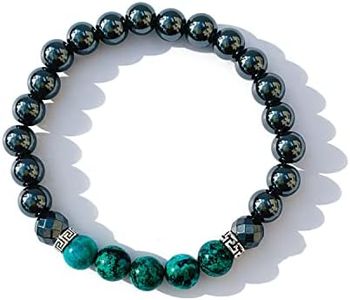Joyfulmuze Men Gemstones Stretch Hematite Turquoise Bracelet, Natural Black and Blue Gems, Spiritual Handmade Jewelry, Healing Chakra Gifts for Men, Fit 7inch Small Wrist (Hematite-Turquoise)