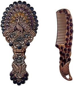 Handheld Mirror Unique Comb Set,Foldable Vintage Hand Mirror Retro Portable Purple Blue Peacock Makeup Mirror Metal Dresser Bronze Mirror Decorative Pocket Cosmetic Mirror Travel Personality Gift